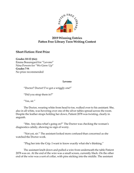 2019 Winning Entries Patten Free Library Teen Writing Contest Short