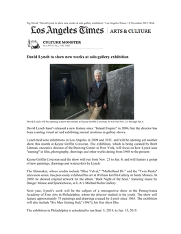 David Lynch to Show New Works at Solo Gallery Exhibition.” Los Angeles Times