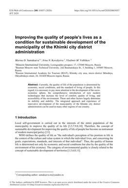 Improving the Quality of People's Lives As a Condition for Sustainable Development of the Municipality of the Khimki City District Administration