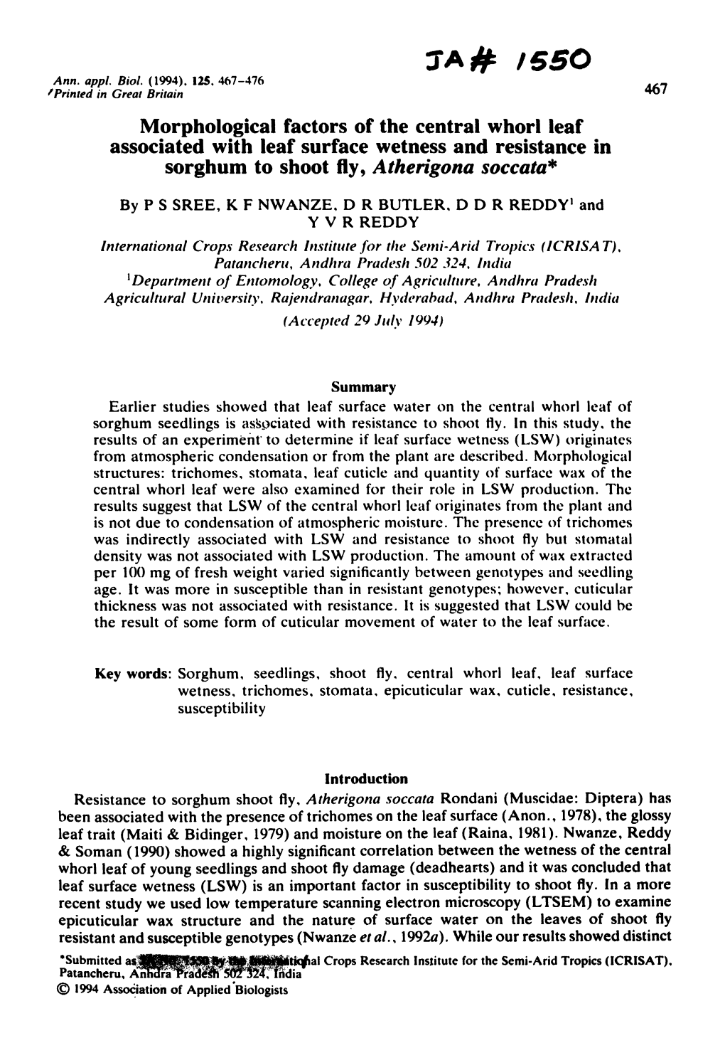 Morphological Factors of the Central Whorl Leaf Associated with Leaf Surface Wetness and Resistance in Sorghum to Shoot Fly, Atherigona Soccata*