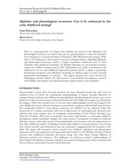 Alphabet and Phonological Awareness: Can It Be Enhanced in the Early Childhood Setting?