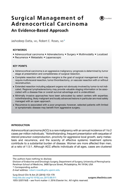 Surgical Management of Adrenocortical Carcinoma an Evidence-Based Approach