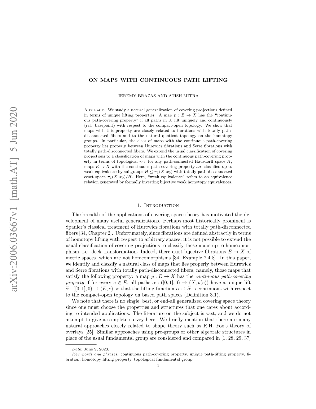 Arxiv:2006.03667V1 [Math.AT] 5 Jun 2020 E E to the Compact-Open Topology on Based Path Spaces (Deﬁnition 3.1)