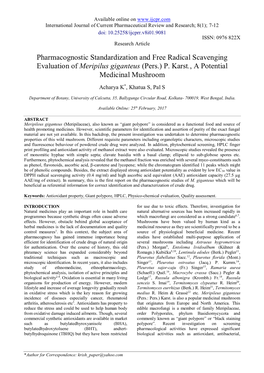 Pharmacognostic Standardization and Free Radical Scavenging Evaluation of Meripilus Giganteus (Pers.) P