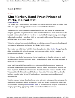 Kim Merker, Hand-Press Printer of Poets, Is Dead at 81 - Nytimes.Com Page 1 of 3