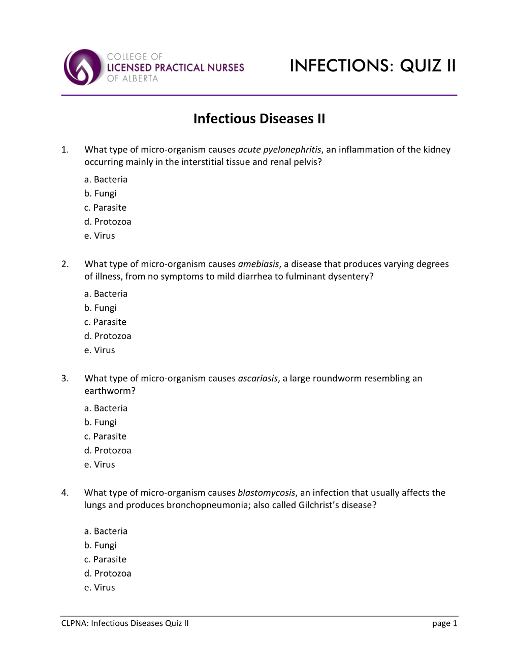 Infections: Quiz Ii