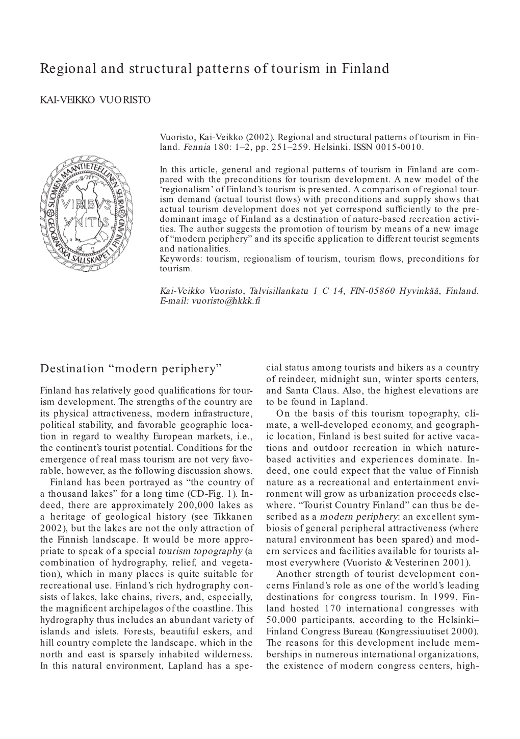 Regional and Structural Patterns of Tourism in Finland