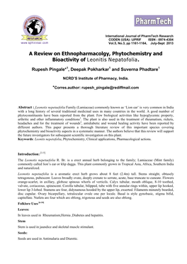 A Review on Ethnopharmacolgy, Phytochemistry and Bioactivity of Leonitis Nepatofolia