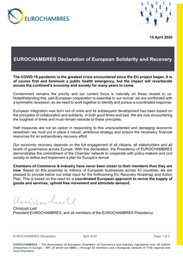 EUROCHAMBRES Declaration of European Solidarity and Recovery