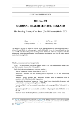 The Reading Primary Care Trust (Establishment) Order 2001