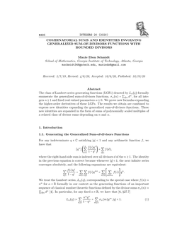 A85 Integers 20 (2020) Combinatorial Sums and Identities Involving Generalized Sum-Of-Divisors Functions with Bounded Divisors