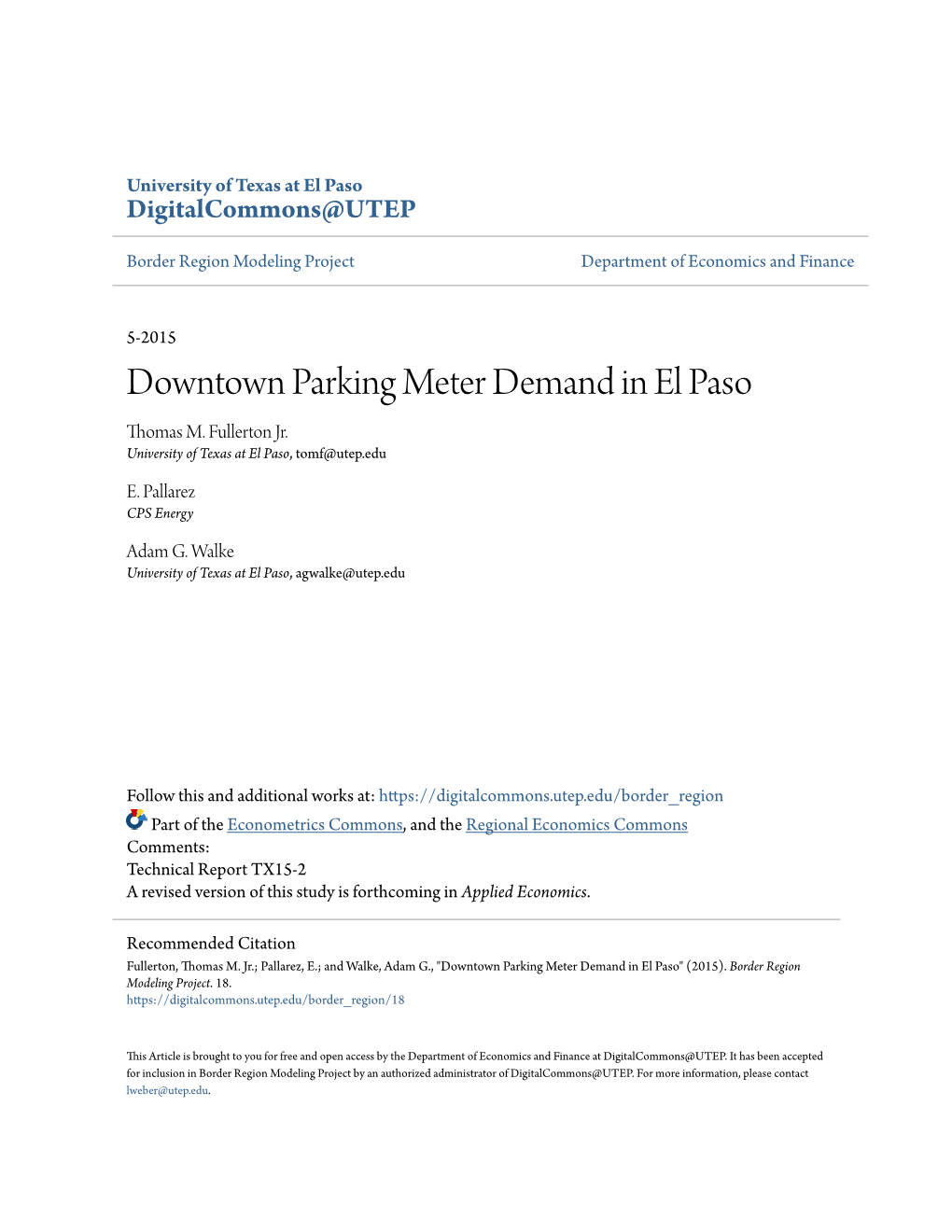 Downtown Parking Meter Demand in El Paso Thomas M