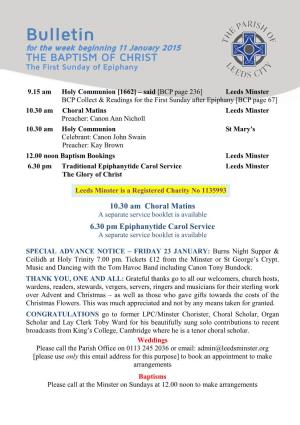 Bulletin for the Week Beginning 11 January 2015 the BAPTISM of CHRIST the First Sunday of Epiphany