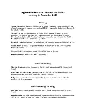Honours, Awards and Prizes January to December 2011