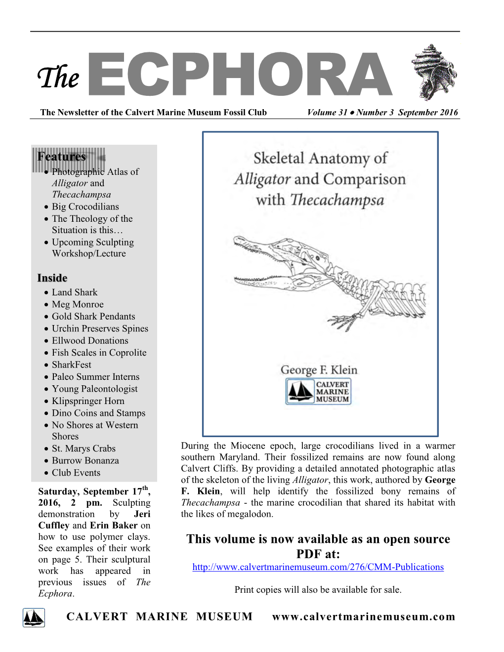 The ECPHORA the Newsletter of the Calvert Marine Museum Fossil Club Volume 31  Number 3 September 2016