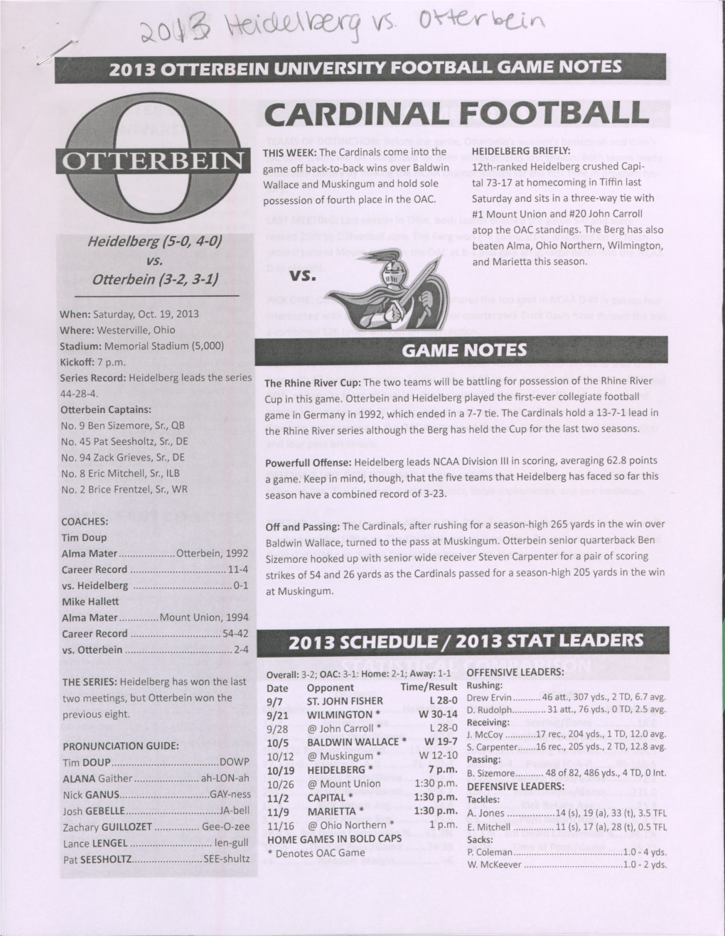 2013 Otterbein Football Game Notes