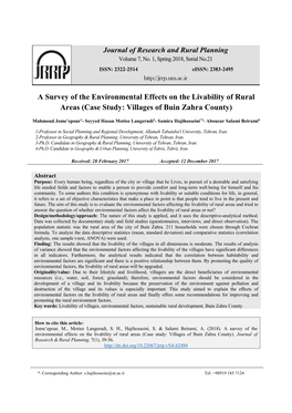A Survey of the Environmental Effects on the Livability of Rural Areas (Case Study: Villages of Buin Zahra County)