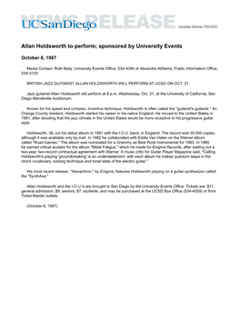 Allan Holdsworth to Perform; Sponsored by University Events