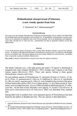 Helianthemum Sinuspersicum (Cistaceae), a New Woody Species from Iran