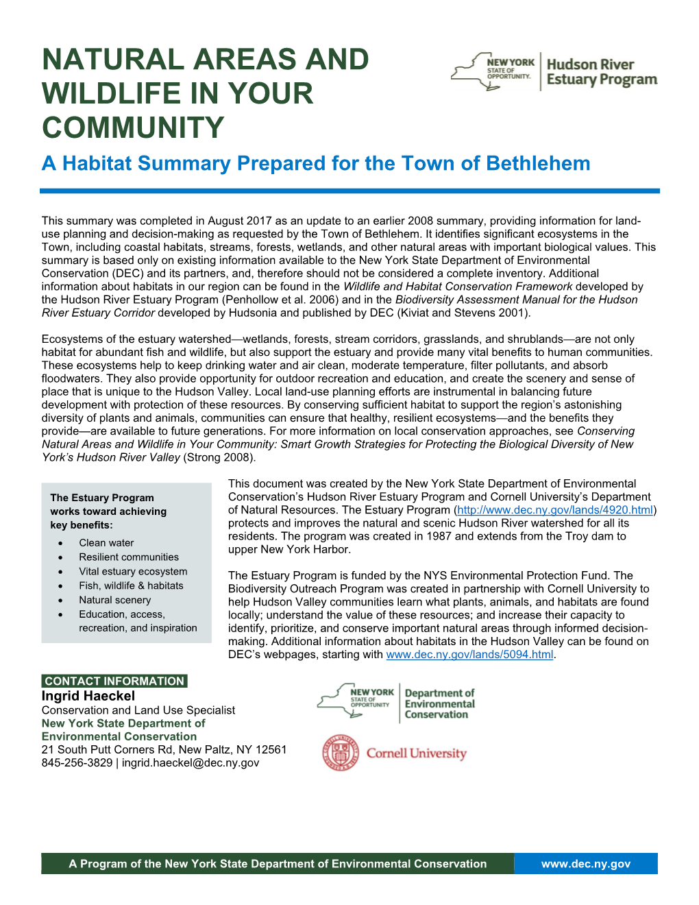 NATURAL AREAS and WILDLIFE in YOUR COMMUNITY a Habitat Summary Prepared for the Town of Bethlehem