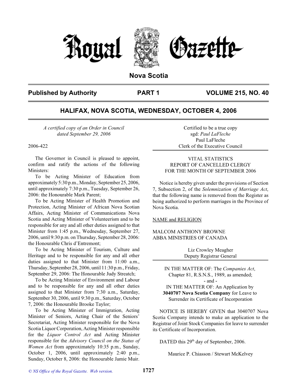 NS Royal Gazette Part I