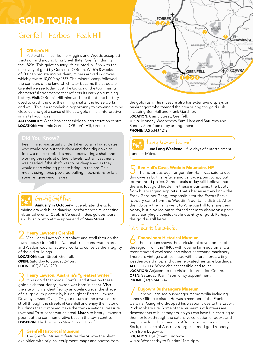 GOLD TOUR 1 Grenfell – Forbes – Peak Hill