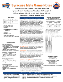 June 17Th Syracuse Mets Game Notes at Scranton:Wilkes-Barre