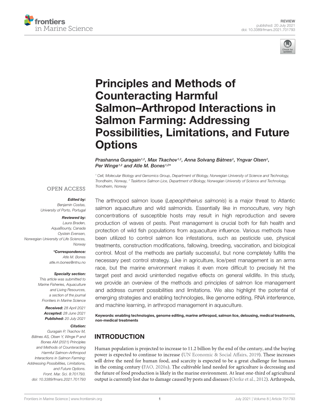 Principles and Methods of Counteracting Harmful Salmon–Arthropod Interactions in Salmon Farming: Addressing Possibilities, Limitations, and Future Options