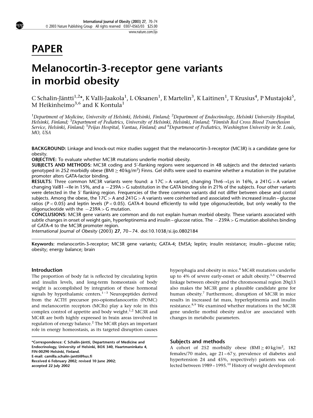 PAPER Melanocortin-3-Receptor Gene Variants in Morbid Obesity