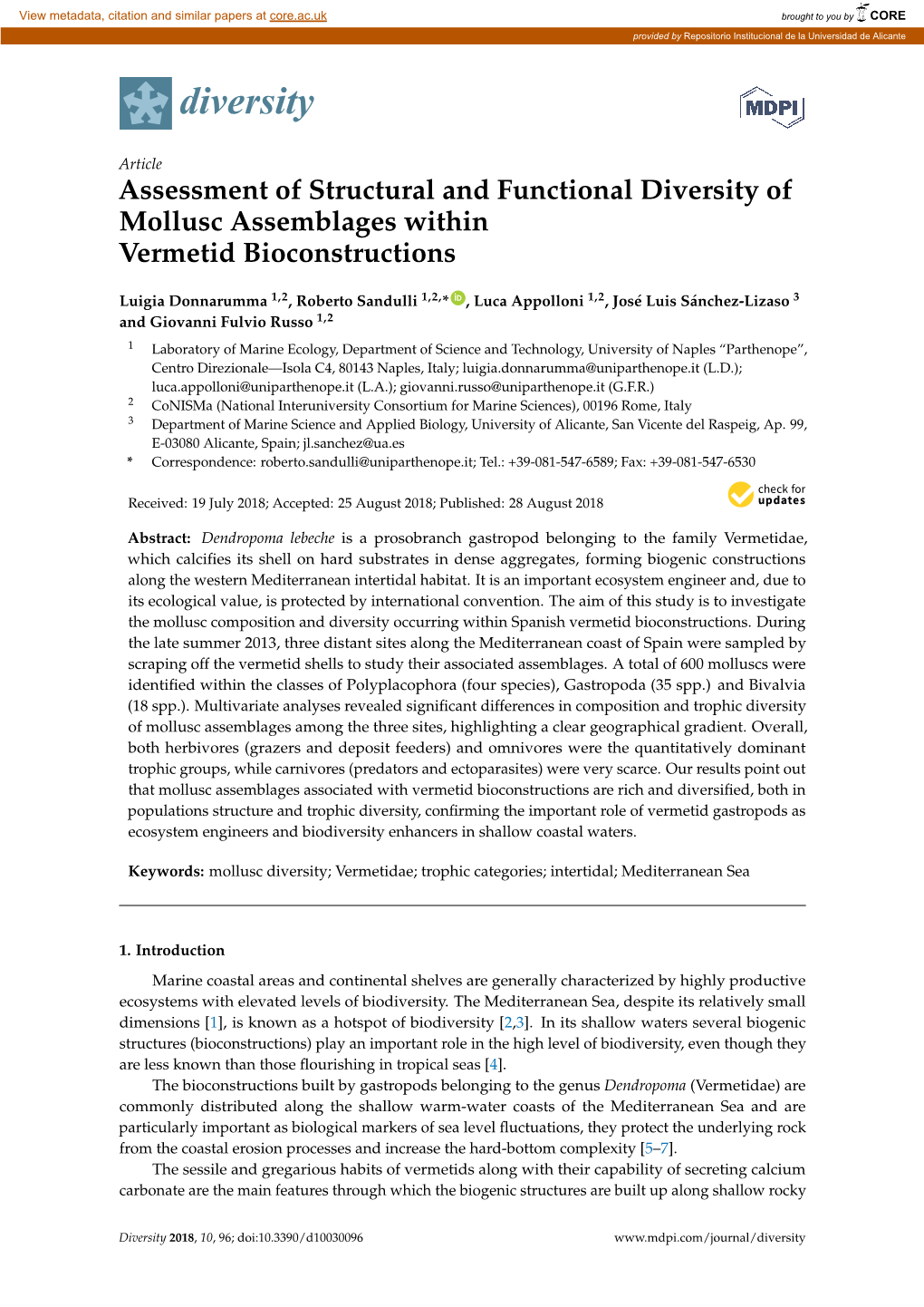 Assessment of Structural and Functional Diversity of Mollusc Assemblages Within Vermetid Bioconstructions