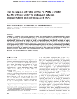 The Decapping Activator Lsm1p-7P–Pat1p Complex Has the Intrinsic Ability to Distinguish Between Oligoadenylated and Polyadenylated Rnas