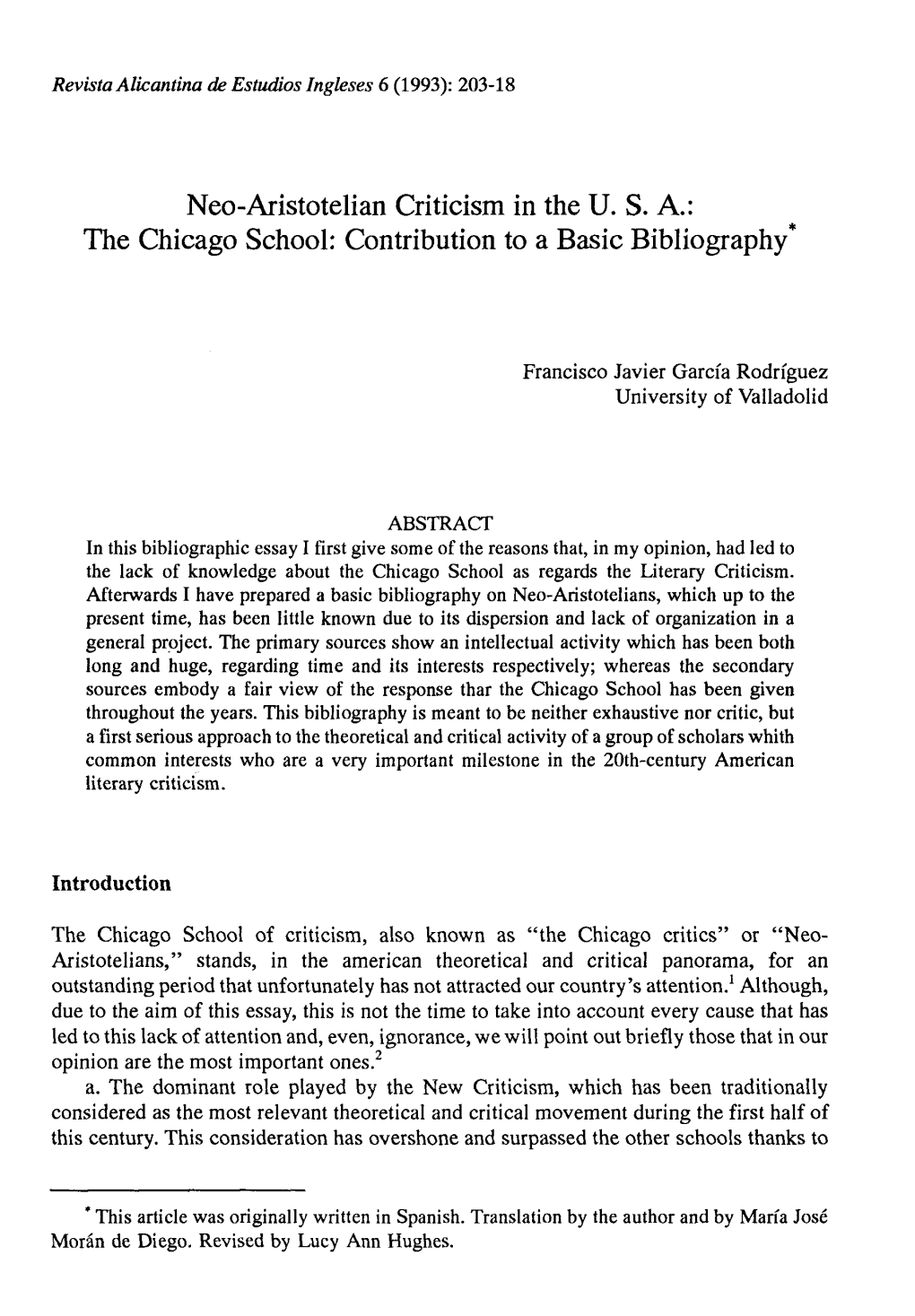 Neo-Aristotelian Criticism in the U. S. A.: the Chicago School: Contribution to a Basic Bibliography*