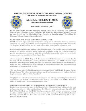 M.E.B.A. TELEX TIMES the Official Union Newsletter