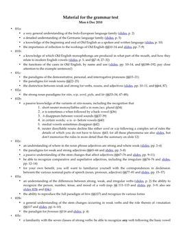 Material for the Grammar Test Mon 6 Dec 2010 • F01a: • a Very General Understanding of the Indo-European Language Family (Slides, P