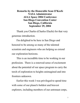 Address by NASA Administrator Sean O'keefe