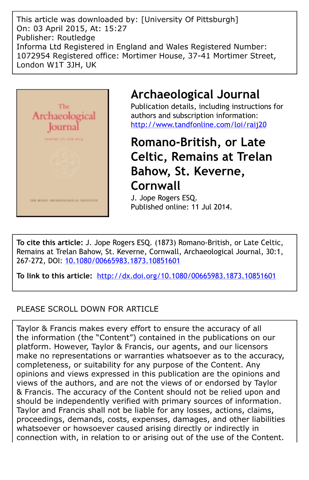 Archaeological Journal Romano-British, Or Late Celtic