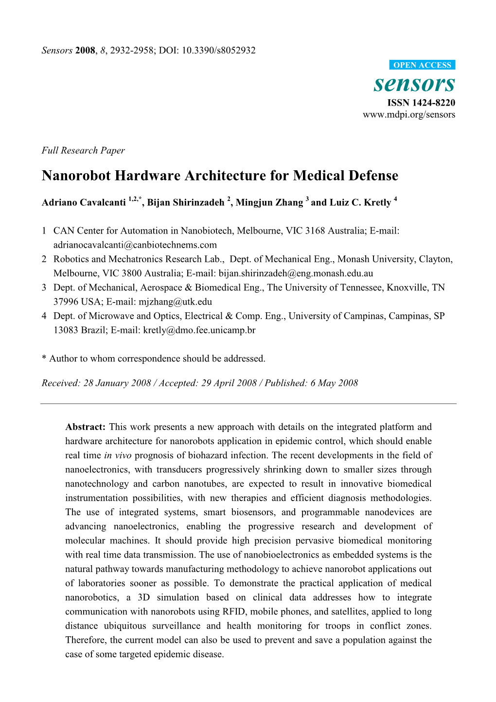 Nanorobot Hardware Architecture for Medical Defense