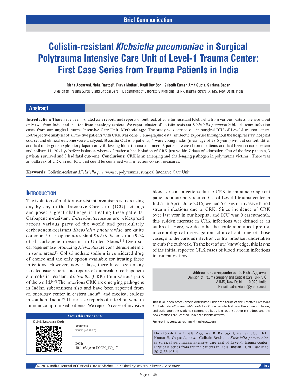 Colistin‑Resistant Klebsiella Pneumoniae in Surgical Polytrauma Intensive Care Unit of Level‑1 Trauma Center: First Case Series from Trauma Patients in India