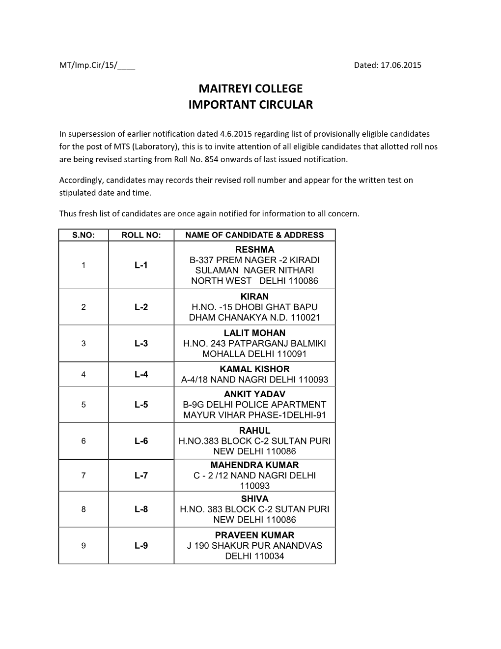 Maitreyi College Important Circular