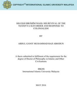 Shaykh Ibróhôm Niass: His Revival of the Tijóniyya Sufi Order and Response to Colonialism