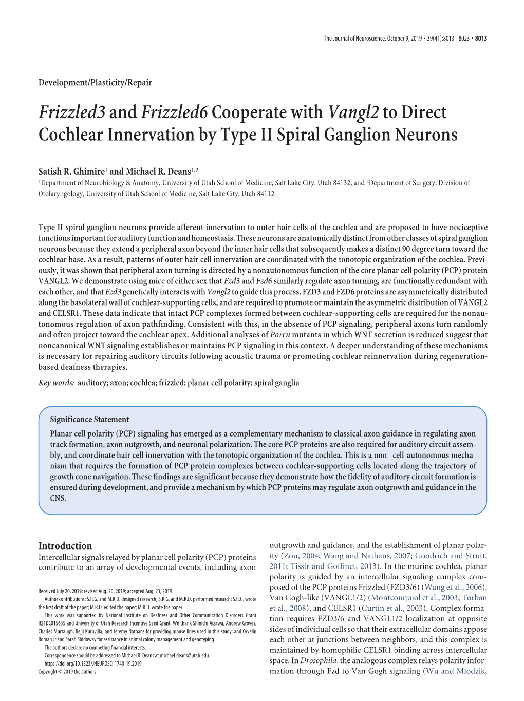 Frizzled3 and Frizzled6 Cooperate with Vangl2 to Direct Cochlear Innervation by Type II Spiral Ganglion Neurons