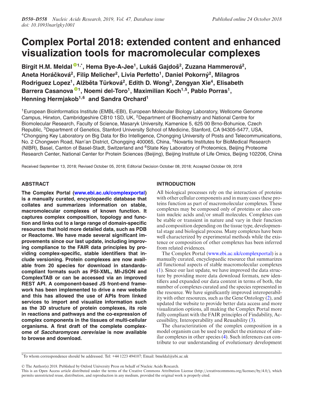 Complex Portal 2018: Extended Content and Enhanced Visualization Tools for Macromolecular Complexes Birgit H.M