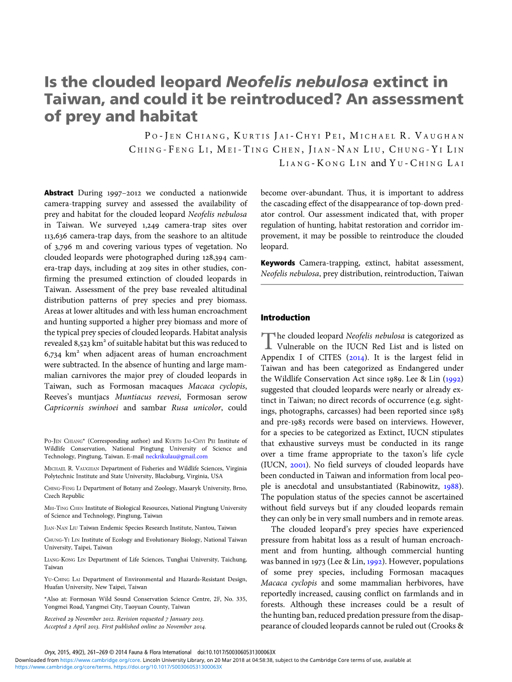 Is the Clouded Leopard Neofelis Nebulosa Extinct in Taiwan, and Could It Be Reintroduced? an Assessment of Prey and Habitat