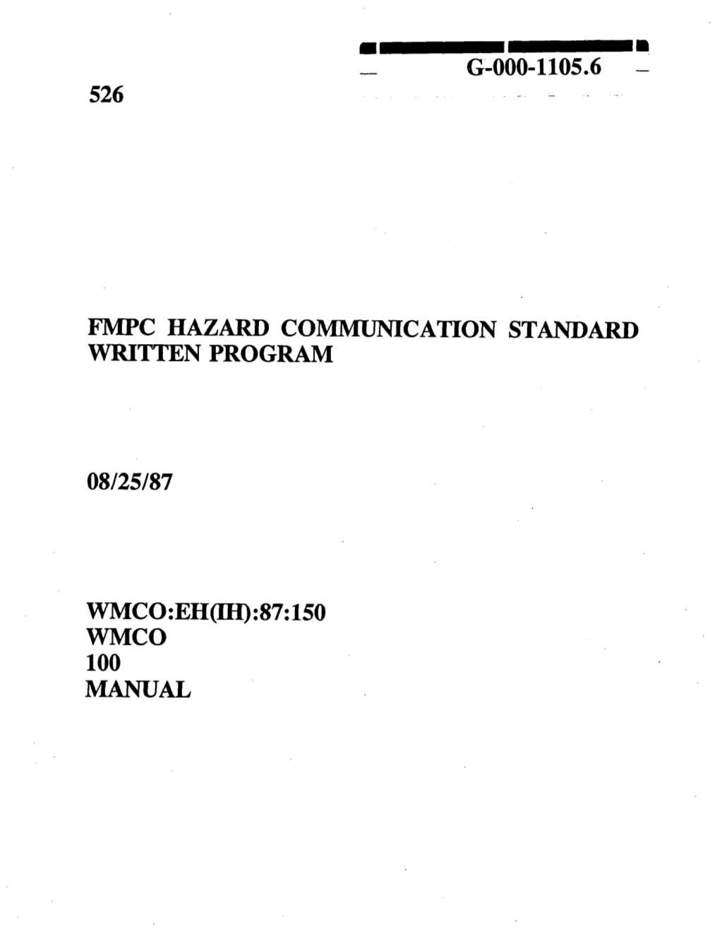 Fmpc Hazard Communication Standard Written Program 08/25/87 Wmco:Eh(Ih)