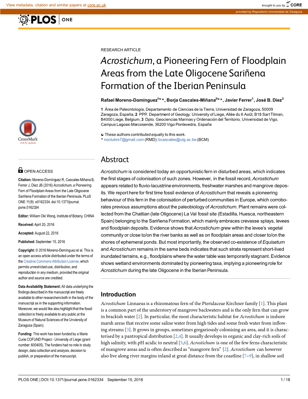 Acrostichum, a Pioneering Fern of Floodplain Areas from the Late Oligocene Sariñena Formation of the Iberian Peninsula