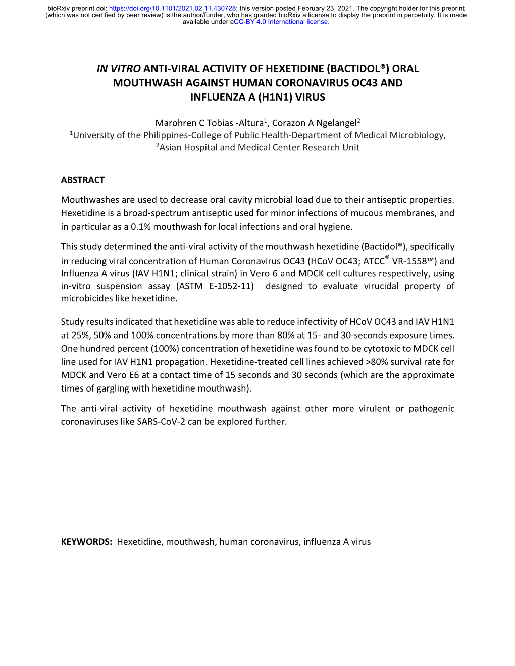 Bactidol®) Oral Mouthwash Against Human Coronavirus Oc43 and Influenza a (H1n1) Virus