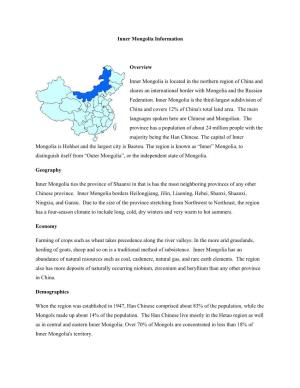Inner Mongolia Information Overview Inner Mongolia Is Located in The