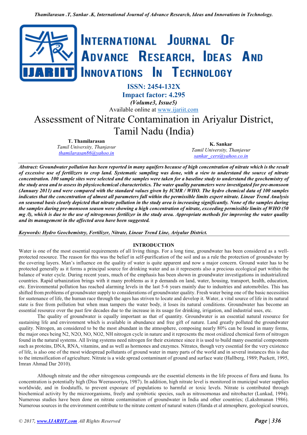 Assessment of Nitrate Contamination in Ariyalur District, Tamil Nadu (India) T