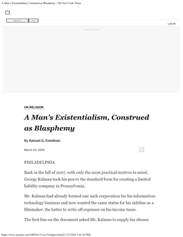 A Man's Existentialism, Construed As Blasphemy