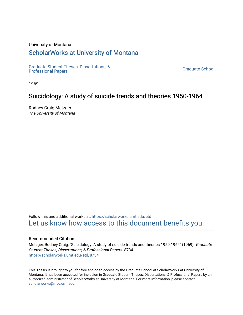 Suicidology: a Study of Suicide Trends and Theories 1950-1964